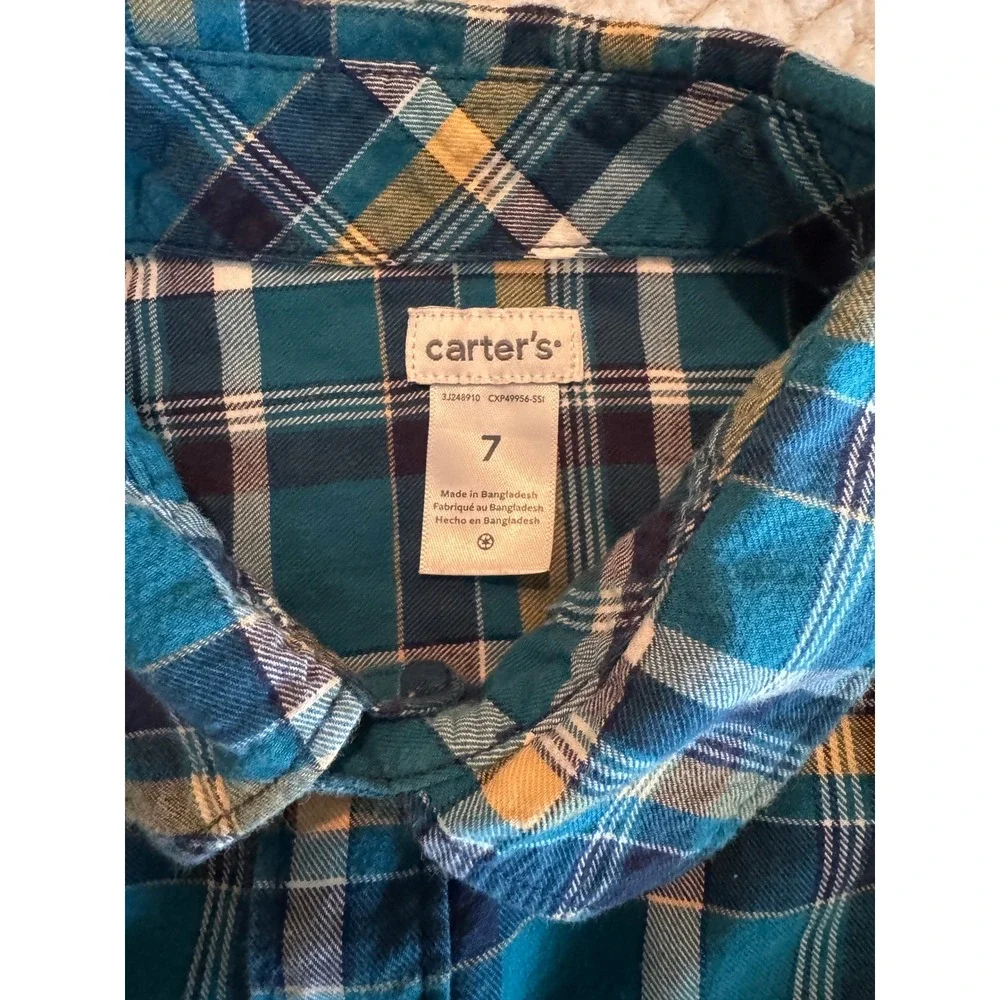 Carters Boys Teal Blue Yellow Plaid Flannel Button Down Shirt Size 7 3J248910